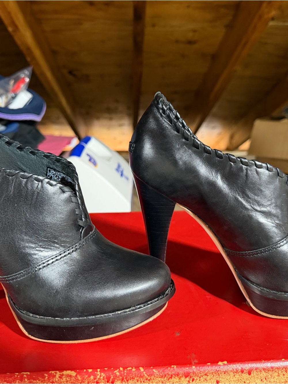 UGG Black Leather High-Heel Booties with Braided Trim